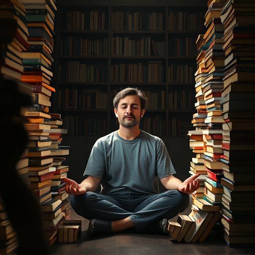 A person meditating surrounded by books, representing the Personal Development category.